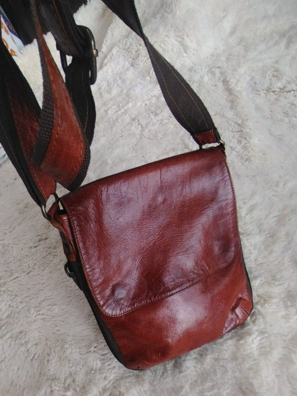 Vintage Genuine Leather Crossbody Messenger Bag Cognac Brown Shoulder Satchel